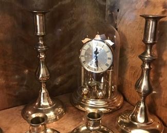 Brass Grouping (9) - 4 candlesticks, large vase, small vase, salt & pepper and Pendulum clock