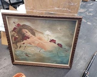 Framed oil nude mermaid 