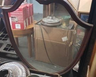 Vintage Gothic style wood framed shield shaped mirror 26"W x 32"H 