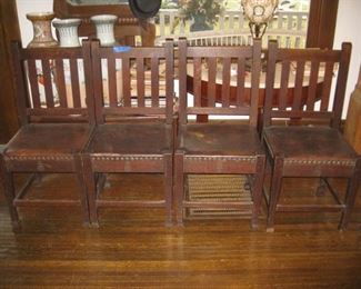 #7-$1200. No discount. Set of 4 Roycroft antique oak mission style side chairs