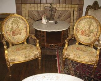 #15- $495.  Pair of gold armchairs tapestry fabric