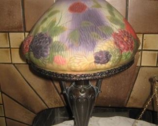#21-$175. Dale(stamp on pull) lamp with metal base and reverse painted glass shade-24" to top of finial