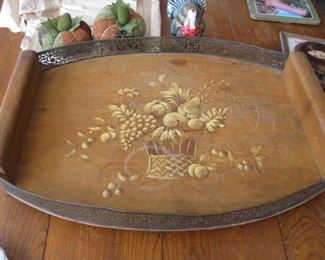 #110-$35. Large wood tray with pierced metal gallery-26" x 19" x 3-1/2"