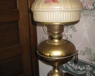 #36-$75. Vintage lamp-brass base with glass shade-electric