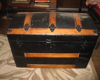 #126-$125. Dome top trunk-metal and wood 28"W x 19"H x 15"D