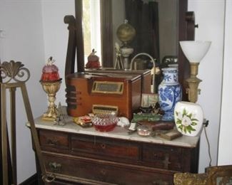 #144-$125 as is. Victorian dresser with marble top and mirror-77"H x 46"W x 20"D