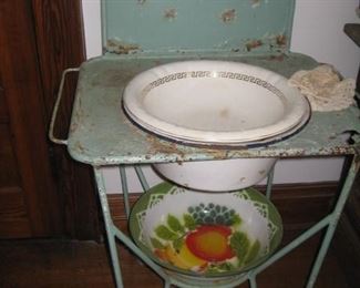 #162-$75. Blue washstand with one enamel bowl (bottom bowl sold separately)