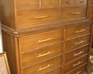 #187-$395. Mid century Modern highboy chest of drawers has matching dresser and mirror-53-1/2"H x 47"W x 20"D