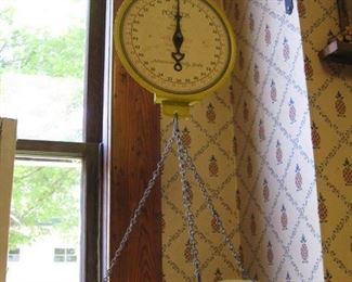 #66-$95. American Family hanging produce scale-60lb. 31" top of hook to bottom of pan