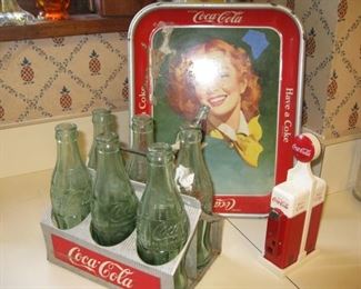 #68-Vintage Coke tray-13-1/4" x 10-1/2" vintage Coke aluminum bottle carrier-8"W x 9"H (top of extended handle), Plastic Coke salt and pepper shakers-7-1/2"H