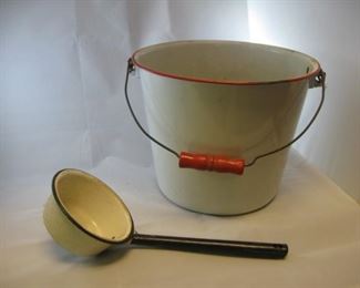 #78-$25. enamel bucket (9"H x 11-1/4"W) and ladle
