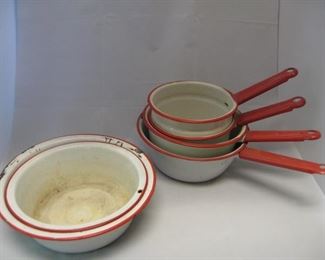 #77-$ 18. Setof white and red enamel ware