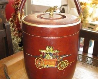 #103-$65. Reproduction leather fire bucket-brass plaque reads, "Charles A. Fair, the traveler's inner circle, Palm Beach FL 1963.