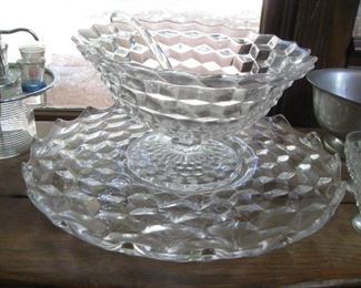 #47-$      Fostoria American Clear footed punchbowl-14" with 19" underplate