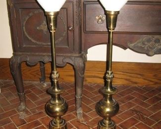 #46-$125  Pair of tall brass lamps with milk glass shades-37-1/2"H