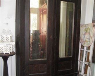 #104-$150. Antique wardrobe, mirrored doors. 79" H x 49-1/2" W x 18"D.  lower drawer needs work.