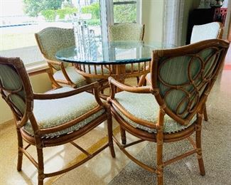 REDUCED $850
McGuire 6 Piece Set - Made in San Francisco, 5 Upholstery Chairs with glass top table - Asking price $1550
