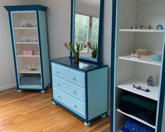 BOOK CASES $25 EACH, 3 DRAWER CHEST WITH GLASS TOP AND MIRROR $125. SET $150