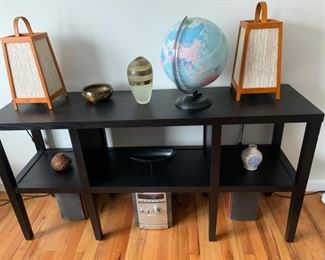 BLACK WOOD CONSOLE TABLE $150. GLOBE $10, LAMPS 2 FOR $4, STEREO $75, VASE $50