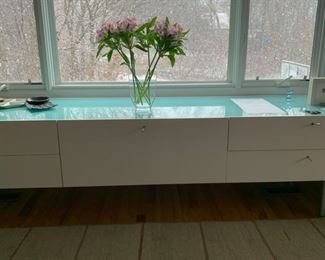 CUSTOM 3 PIECE LACQUER WHITE GLOSS MODULAR CONSOLE WITH NATURAL GREEN GLASS TOP. 106.2" LONG 23.6"DX15"H. NEW WAS $6645.00 OURS 1100.00