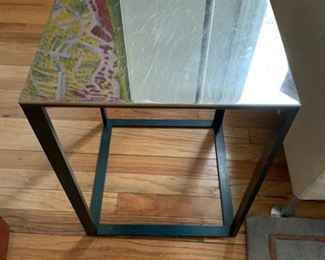 SET OF THREE "SIMPLICE" BRIGHT ALUMINUM TOP TABLES W/OXIDIZED BLK METAL BASE WERE $2577 FOR SET OURS. $250 AS IS