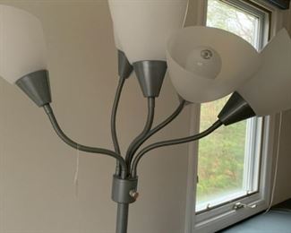ONE OF TWO MULTI ARM LIGHT FIXTURES ONE WITH COLORED LAMP SHADES AND THIS ONE WITH WHITE SHADES. $50 EACH