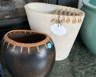 BROWN HAND MADE RECEPTACLE $95, CLAY VESSEL $15