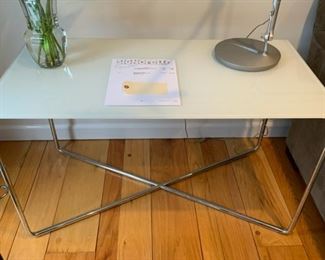 BEAUTIFUL ZAP RECTANGULAR TABLE WITH CHROME PLATED STEEL BAE AND WHITE GLASS TOP. 55.1"LX19.7DX14.5"H WAS $1320. OURS $375