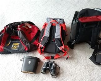 Lot of Backpacks, Duffel, and Binocs