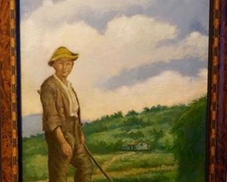 LOT 1: $800 (PICTURE 1 OF 6)
3' X 2'
19TH CENTURY FARMER ON CANVAS. LANDSCAPE AND POSING FARMER WEARING HIS SOFT FELT HAT AND SACK COAT. SIGNED BY VICTORIA ?. ORIGINAL, ANTIQUE ART.