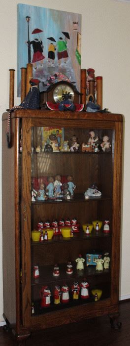 Antique Oak 5 Shelf Glass Door Front Cabinet (58 “Hx 30”W x 13”D) with Vintage Black Americana.