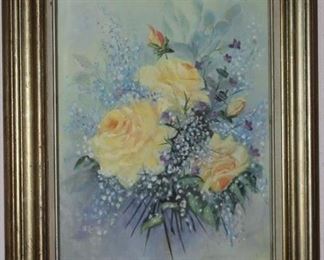 Original Oil on Canvas Yellow Roses (16”x20”) in a 4” Linen Lined Gold Leaf Frame