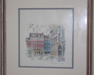 Gråbrødretorv (Grey Friars Square) in København's Latin Quarters, characterized by colorful houses Lithograph by Mads Stage, Danish artist, born in Copenhagen (18”x 19” overall)