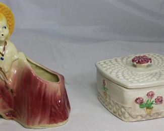 Shawnee USA 532: Boy with Fishing Pole & Fish. Made in Japan Porcelain Vanity Box w/Lid