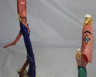 Handmade & Hand Painted Beach Shore Found Driftwood and Shell Folk Art Signed by Artist Bessie 2002. Left Stick Man (14”H), Right Sailor (9.5” H)
