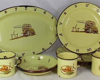 Vintage Monterey Western Ware Made in Mexico Enamel Dinnerware Collection: Platter (15.5”), Dinner Plates (Set of 4), Cereal/Soup Bowls (2 ea) and Coffee Mugs (3 ea.)