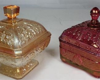 Jeanette Glass Co. Vintage Iridescent Amber “Oak Leaf and Acorn” Finial Dome Lid Pedestal Candy Dish (6”Sq X 6.5”H) and Tiara “Honey Bee” Cranberry Honey Box with Finial Dome Lid (5.5” Sq x 6”H)