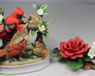 Porcelain Bisque Made in Japan Cardinal Family Figurine (6.5”H x 7.5”W x 5”D) Shown with Andrea by Sadek Porcelain Bisque Rose Figurine (4”H x 7”W)