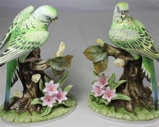 Andrea by Sadek Parakeet on a Branch w/Flowers Figurines (7.5”H)