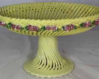 Vintage Porcelain Hand Crafted Lattice Oval Pedestal Compote with Applied Pink Roses (10”W x 5”H x5”W)