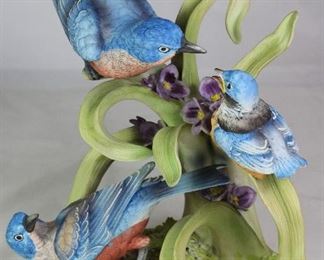 Andrea by Sadek Porcelain Bisque”Bluebirds” Family (10.5” H x 8.5”W x 5”D)