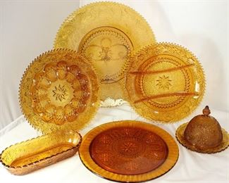 Tiara “Sandwich” Amber Pattern Glass Collection (1971-1989: Torte Plate 16”D, Deviled Egg Tray, Divided Relish , Pickle Dish, Cake Plate and Round Dome Lid Butter Dish