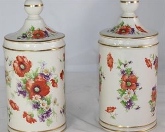 Vintage Porcelain Apothecary Floral Canisters. (9”H x 4”D
