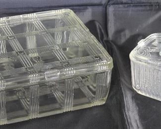 Vintage Refrigerator/Leftovers Dishes: Hazel Atlas “Crisscross” Square( 8.5” ) Dish and Federal Glass Intaglio Vegetables Lid (4”) Square Dish