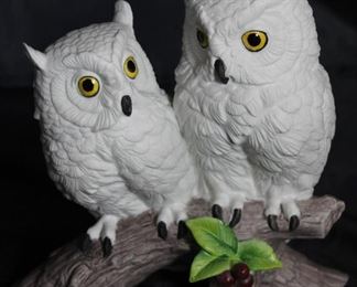 Andrea by Sadek "Owl" Two White Owls on Perch Bisque Figurine ( 4 1/2" D × 7 3/4" H× 8" W). Wood Base included but not shown.