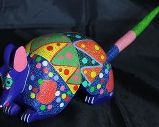 Alebrije Wood Carved Brightly Hand Painted Armadillo (14”L x 5”H x 3.5”W) by Artist Macalino Melchior Roque from San Martin Tilcajeta Town in Oaxaca Mexico