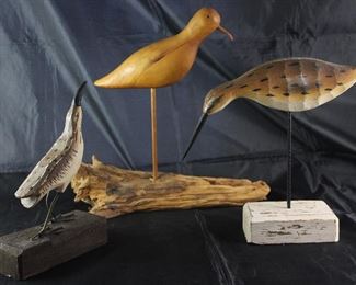 Carved Wooden Wading Water Birds: Metal Feet on Wood Block Made in Philippines (9”H6”W), Bird on Dowel Rod w/Drift Wood Base Signed by Artist Betty Karisch (13”H x 13”W) and Hand Painted Bird (10”H9.5”W) on Metal Rod w/Wood Block Base