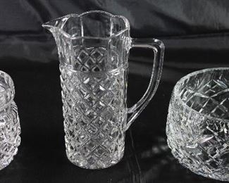 Hand Cut Crystal: Jam Jar (2 ea.), Small Cylindrical Pitcher (6”H) and Round Bowl (5”D x 3”H)