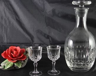 Cristal D’Arques “St. Germaine” Crystal liqueur Stems (Set of 4) and “Atlantis” Cut Crystal Decanter. Shown with Georgian Bisque Porcelain Red Rose
