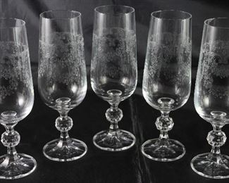 “Cascade” by Imports Associates” Needle Etched Cut Crystal Fluted Champagnes. (5 ea.)